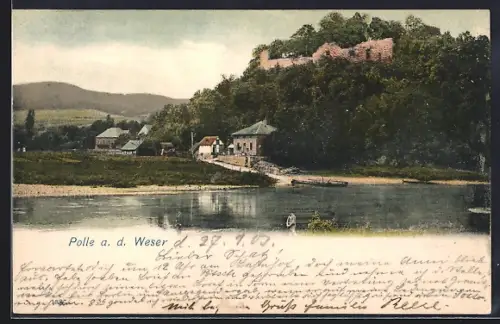 AK Polle a. d. Weser, Uferpartie mit Ruine