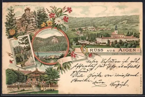 Vorläufer-Lithographie Aigen /Ober-Oesterreich, 1894, Gasthaus, Bärnstein, Plöckensteinsee und Calvarienberg