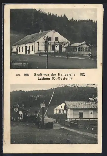 AK Lasberg /O.-Oesterr., Bahnhof, Restaurant und Bahnübergang im Ort