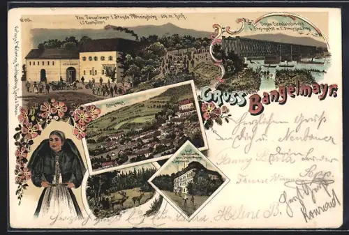 Lithographie Steyregg, Gasthaus Bangelmayr, Inh. J. Ensthaller, Graf Weissenwolfs neues Schloss, Donau Eisenbahnbrücke