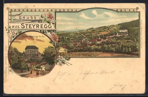 Lithographie Steyregg, Schloss Steyregg und Ortsansicht