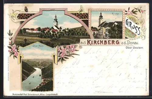 Lithographie Kirchberg a. d. Donau, Kirche, Ober-Mühl aus der Vogelschau