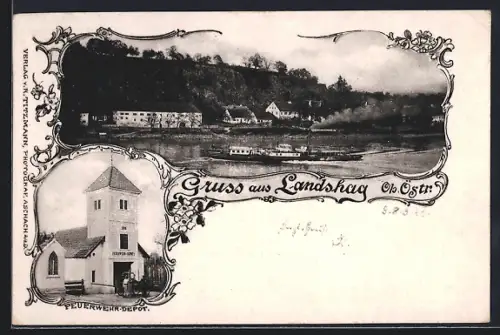 AK Landshag /Ob. Östr., Feuerwehr-Depot und Flusspartie im Ort