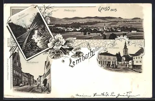 Lithographie Lembach /O. Östr., Marktplatz und -strasse, Partie nach Obermühl, Gesamtansicht