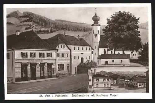 Künstler-AK St. Veit / Mühlkreis, Ortspartie mit Kaufhaus Mayer und Kirche