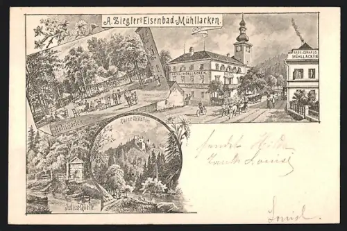 Lithographie Mühllacken, A. Zieglers Eisenbad, Hotel-Garten, Julius Quelle, Ruine Ob. Wallsee