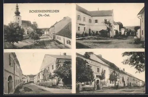 AK Schenkenfelden /Ob.-Öst., Franz Schieber`s Gasthaus, Strassenpartie im Ort, Blick zur Kirche