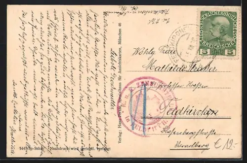 Lithographie Feldkirchen /O.-Ö., Haider`s Gemischwaren-Handlung, Gemeinde Amt, St. Neubauer Hufschmid, Volks-Schule