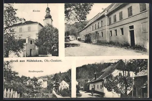 AK Mühlacken /Ob.-Oesterr., Bade- und Curhaus, Handlung, Blick auf die Kirche