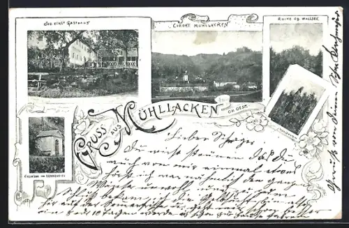 AK Mühllacken /Ob. Oest., Joh. Eckl`s Gasthaus, Ruine Ob. Wallsee, Kerzenstein