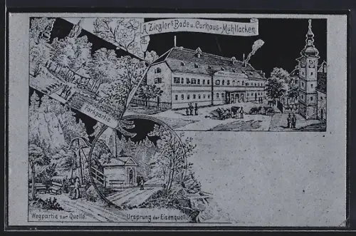 Lithographie Mühllacken, A. Zieglers Bade- und Curhaus, Parkpartie, Ursprung der Eisenquelle