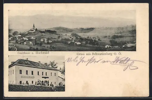 AK Schwarzenberg /O. Ö., Gasthaus z. Hochwald, Ortsansicht aus der Vogelschau