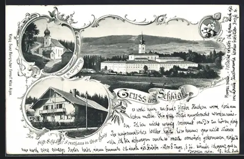 Lithographie Schlägl, Stift-Schlägls Forsthaus in Ober-Haag, Kirche St. Wolfgang