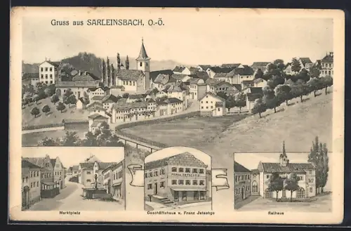 AK Sarleinsbach /O.-Ö., Geschäftshaus v. Franz Jetschgo, Rathaus, Marktplatz, Blick über den Ort