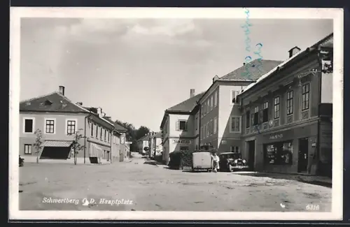 AK Schwertberg /O. D., Gasthof, Handlung Joh. Menzel und Zahn-Atelier am Hauptplatz