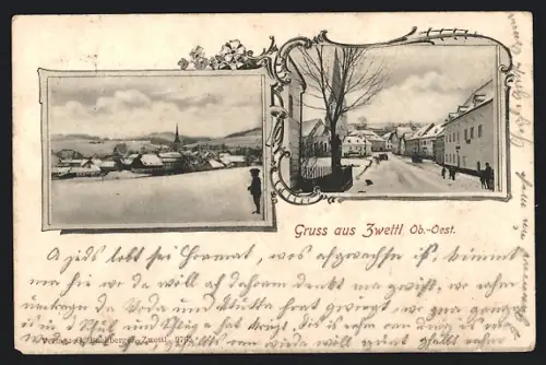 AK Zwettl /Ob.-Oest., Strassenpartie mit Passanten und Kirche, Ortsansicht im Schnee