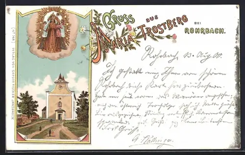 Lithographie Rohrbach, Maria Trostberg, Blick auf die Kirche, Madonna mit Kind