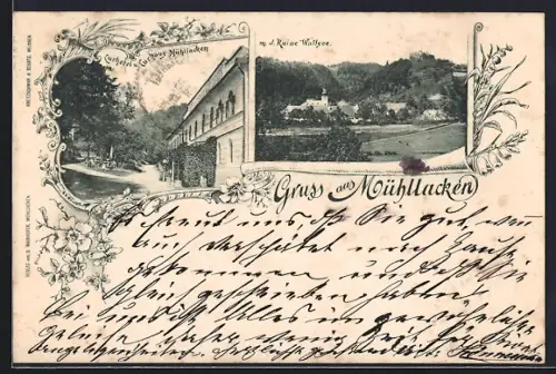 AK Mühllacken, Hotel und Kurhaus, Ortsansicht mit der Ruine Wallsee