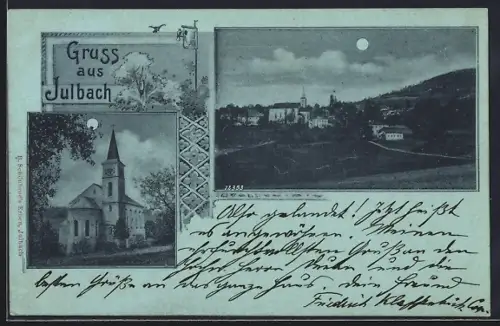 Mondschein-AK Julbach, Kirche und Ortsansicht im Mondlicht