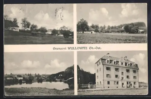 AK Leopoldschlag /Ob.-Öst., Wullowitz, Feldpartien, Weiher, grosses Gebäude