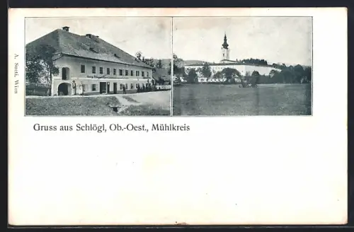 AK Schlögl /Mühlkreis, Gemischtwaren v. Georg Pfleger, Ortsansicht mit Kirche