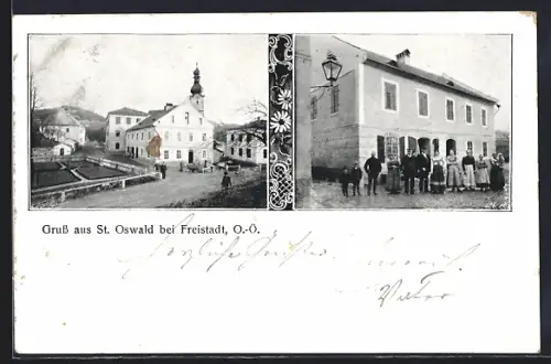 AK St. Oswald b. Freistadt, Ortspartie mit Kirche