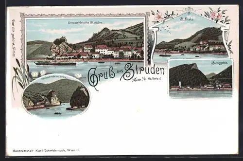 Lithographie Struden, St. Nicola, Sarmingstein, Donaustrudel bei Grein, Ortsansicht mit Dampfer