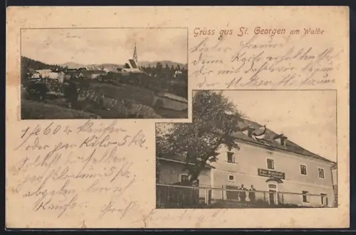 AK St. Georgen am Walde, Franz Sengstbratls Gasthaus, Ortsansicht