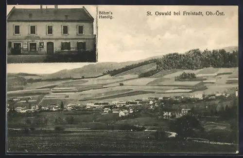 AK St. Oswald b. Freistadt, Böhms Handlung, Ortsansicht aus der Vogelschau