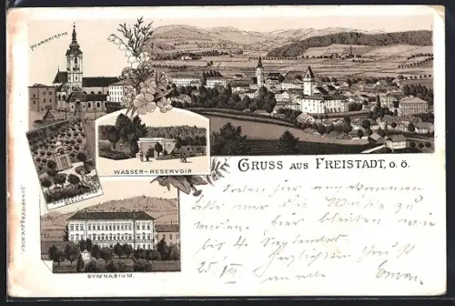 Lithographie Freistadt, Gymnasium, Wasser-Reservoir, Pfarrkirche
