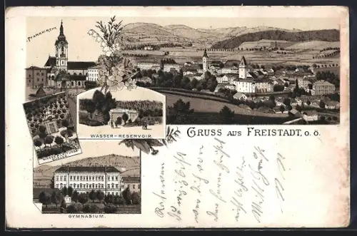 Lithographie Freistadt, Gymnasium, Wasser-Reservoir, Pfarrkirche