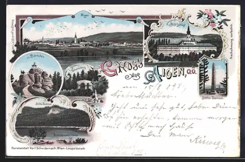 Lithographie Aigen, Kalvarienberg, Stift Schlägl, Stifter Denkmal