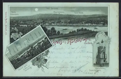 Mondschein-Lithographie Aschach a. D., Mayrhoferberg, Aussichtsturm, Ortsansicht aus der Vogelschau