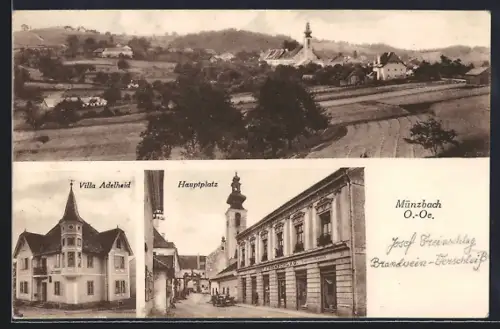 AK Münzbach /O.-Oe., Villa Adelheid, Hauptplatz, Ortsansicht