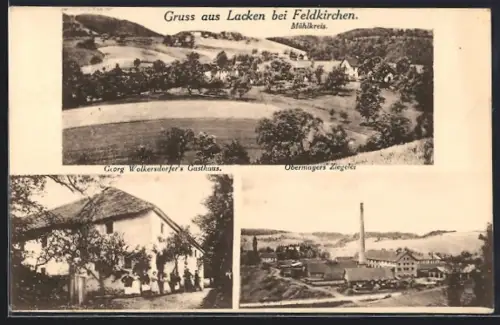 AK Lacken b. Feldkirchen, Georg Wolkersdorfers Gasthaus, Obermayers Ziegelei, Ortsansicht