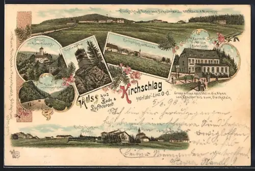 Lithographie Kirchschlag bei Linz, Hotel & Badehaus Zauner, Giselawarte, Ortsansicht