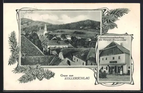 AK Kollerschlag, Gemischtwaren H. Rampetsreiter, Teilansicht mit Kirche aus der Vogelschau, Tannenzweige
