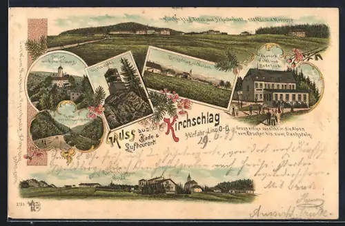 Lithographie Kirchschlag b. Urfahr-Linz, Zauners Hotel u. Badehaus, Schloss u. Ruine Wildberg, Ortsansicht