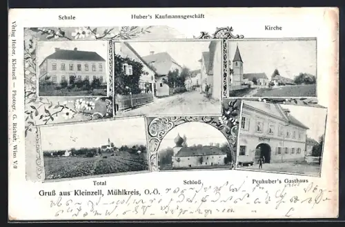 AK Kleinzell, Schule, Huber's Kaufmannsgeschäft, Kirche, Peuhuber's Gasthaus