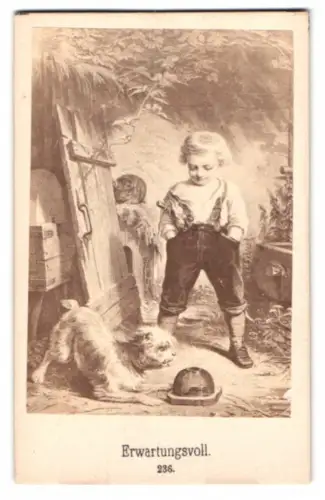 Fotografie unbekannter Fotograf und Ort, Erwartungsvolle Szene mit Kind und Hund