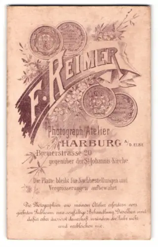 Fotografie F. Reimer, Harburg, Bremerstr. 20, Medaillen nebst Anschrift des Atelier