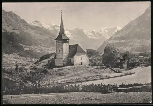 Fotografie - Lichtdruck Mono-Gravüre Nr. 80323, Kilchberg, Ansicht Frutigen, Kirche mit Friedhof in Alpenlandschaft