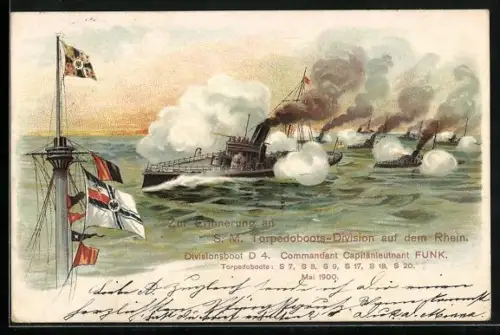 Lithographie SM Torpedoboots-Division auf dem Rhein, Divisionsboot D4