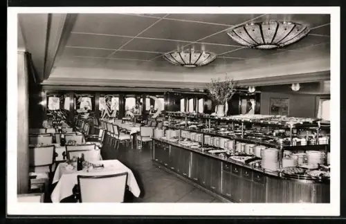 AK Fährschiff Deutschland, Speiseraum mit kaltem Buffet