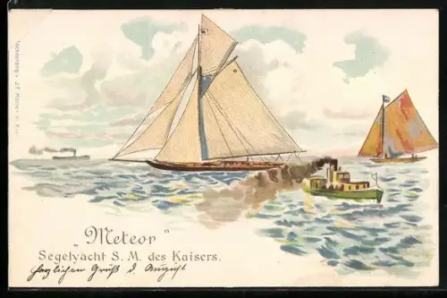 Lithographie Segelschiff Meteor, Segelyacht des Kaisers