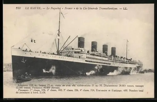 AK Le Havre, Le Paquebot France de la Cie Generale Transatlantique, Passagierschiff