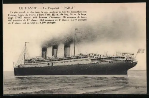 AK Le Havre, Passagierschiff Paris der Compagnie Générale Transatlantique