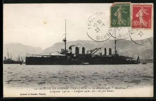 AK Kriegsschiff Dreadnought Mirabeau auf See
