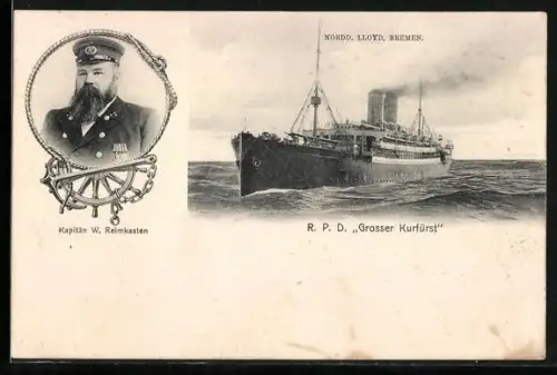 AK Passagierschiff RPD Grosser Kurfürst des Norddeutschen Lloyd, Kapitän W. Reimkasten