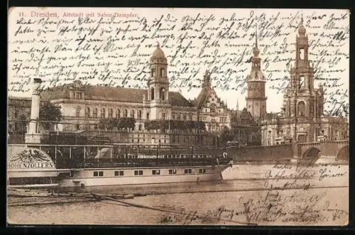 AK Dresden, Salon-Dampfer Hohenzollern auf der Elbe mit Altstadt